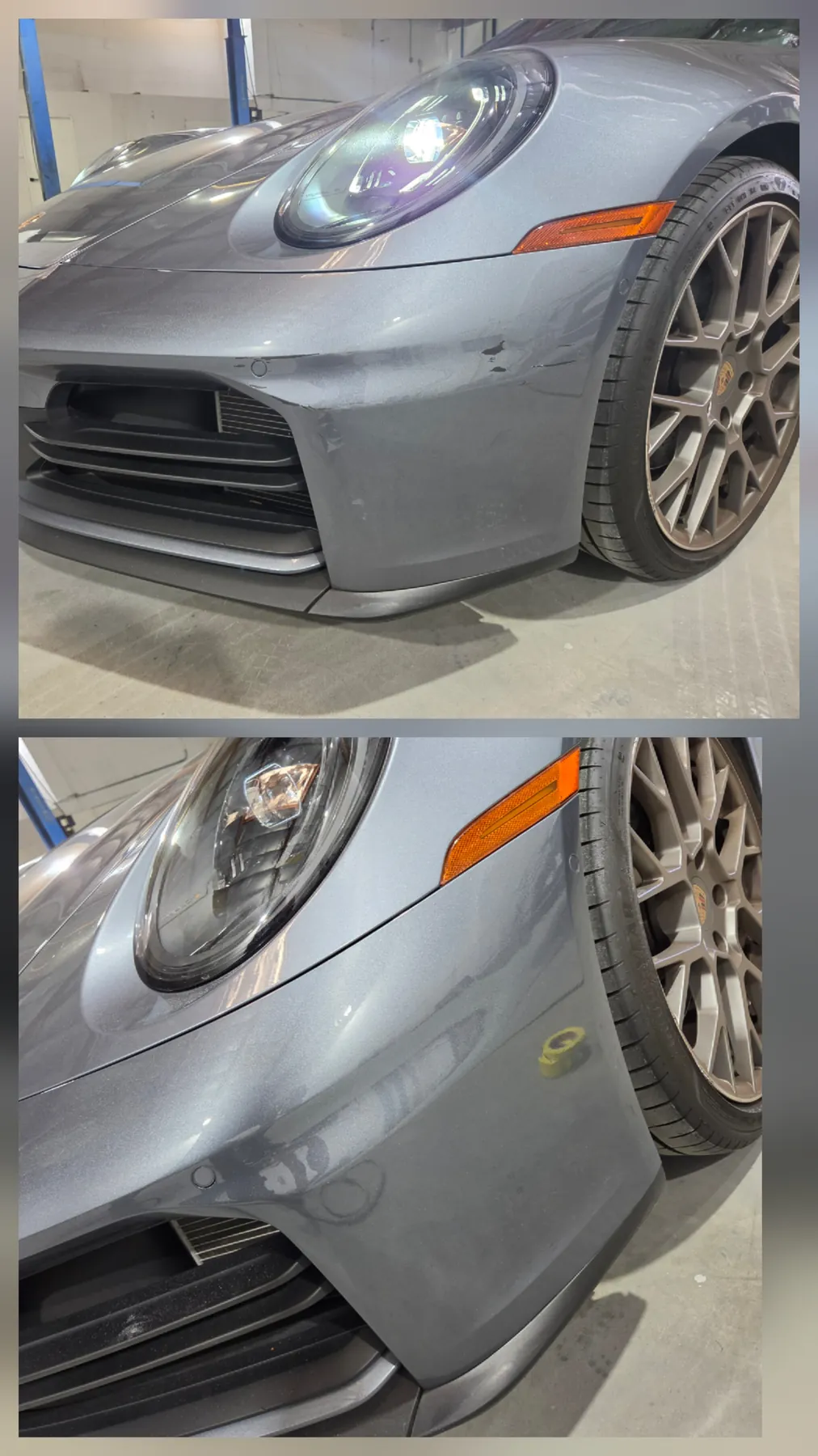 Porsche front bumper damage and completed repair comparison
